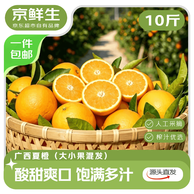 京鲜生 广西夏橙榨汁橙净重10斤 大小果混发 源头直发包邮 - 商品图1