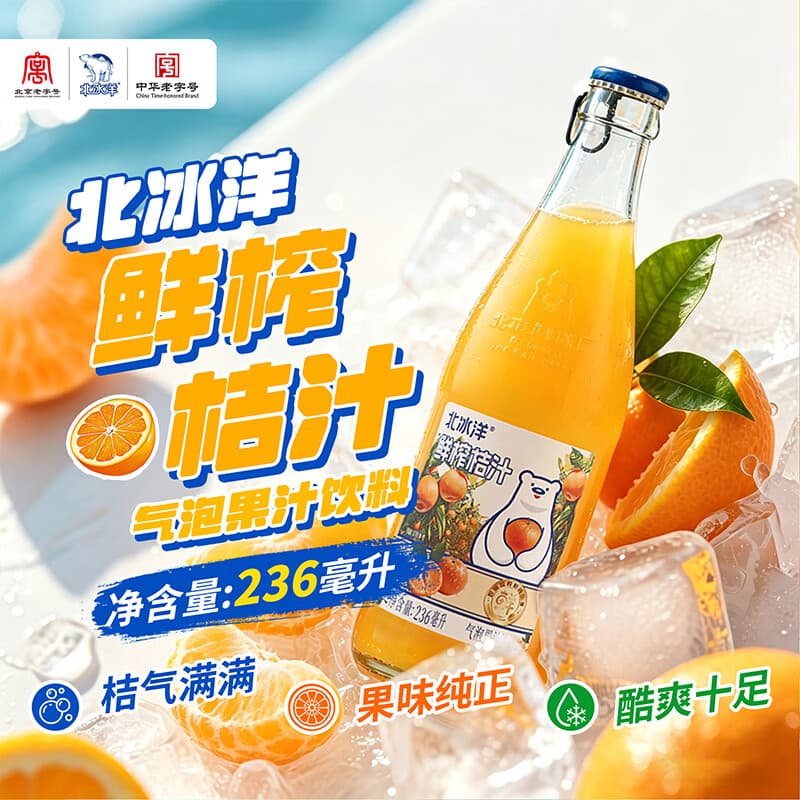 北冰洋鲜榨桔汁汽水气泡果汁碳酸饮料236mI*12整箱20%果汁火锅聚餐 - 商品图1