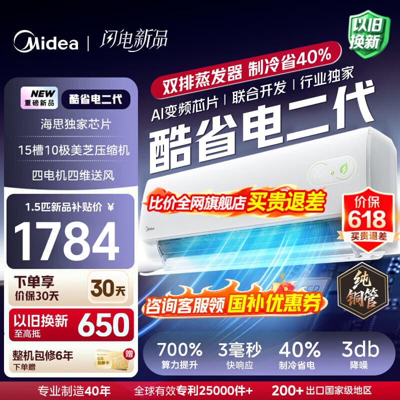 美的(Midea)空调挂机 酷省电二代pro 店长推荐大1.5匹Ultra新一级能效全直流变频节能防直吹以旧换新 国家补贴 酷省电 大1.5匹 二代制冷省电40% 26年新款 - 商品图1