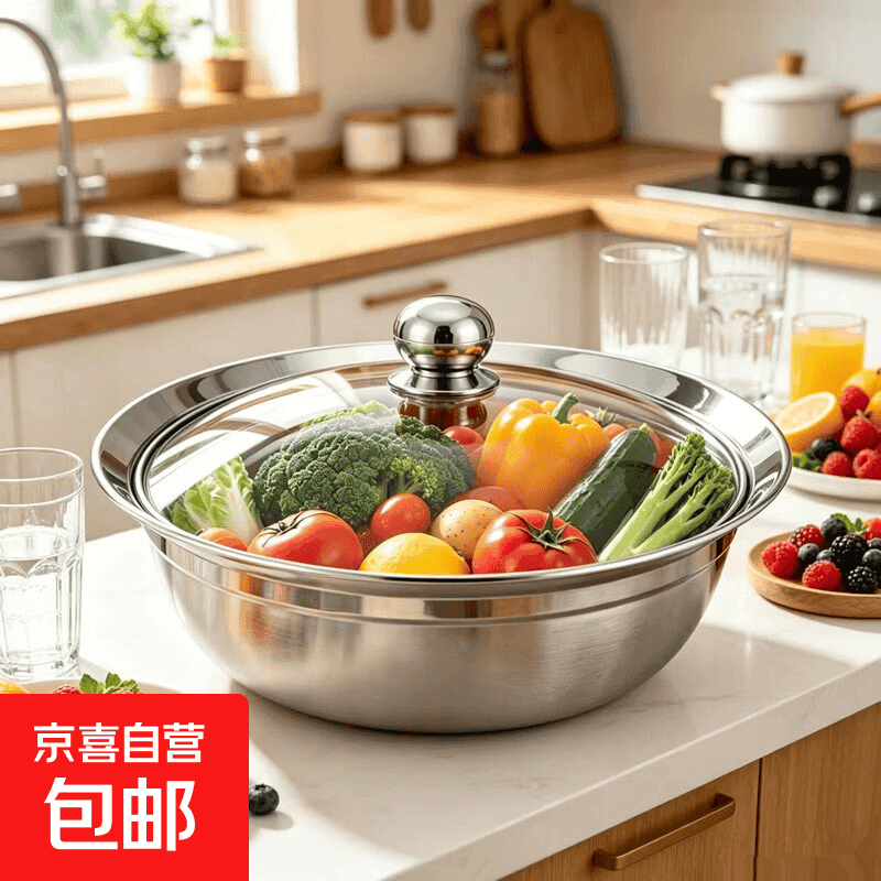 加厚不锈钢防溢盆食品级饭汤碗厨房拌菜和面盆家用调料洗菜盆 22cm加宽边防溢盆【无盖】 - 商品图1