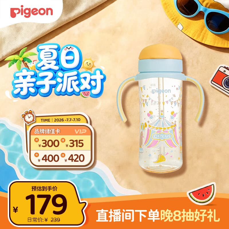 贝亲(Pigeon)防胀气 自然成长翻盖直饮吸管 大童奶瓶330ml 马戏团 18月+ AA279 - 商品图1