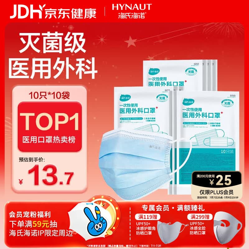海氏海诺一次性医用外科口罩100只 灭菌级医用口罩成人夏季薄款防尘防晒 - 商品图1