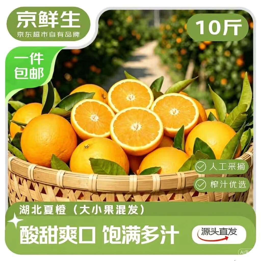 京鲜生 夏橙榨汁橙净重10斤 大小果混发 源头直发包邮 - 商品图1
