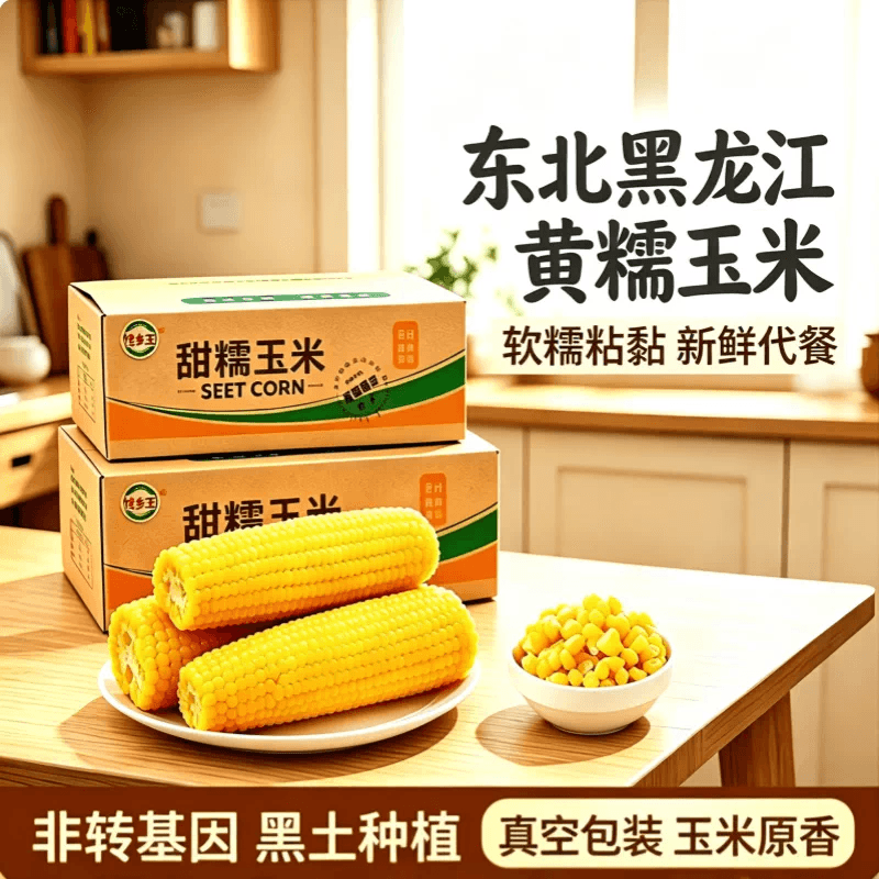 馋乡玉正宗东北新鲜黄糯玉米软糯拉丝真空包装寒地黑土一季低脂香甜早餐 东北黄糯玉米6根*1250g - 商品图1