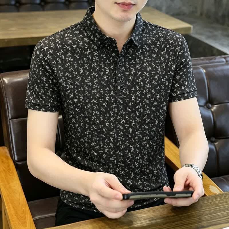 【复古港风】欧版男士夏季新款翻领碎花撞色时尚潮流百搭短袖lrx 黑色 2XL 建议(145-160 斤) - 商品图1