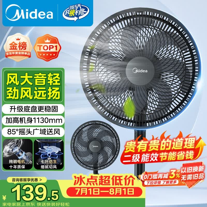 美的(Midea)【价低头部主播9折】七叶轻音立式电风扇家用柔风落地扇台式桌面大风量节能摇头宿舍电扇 SAF30AB - 商品图1
