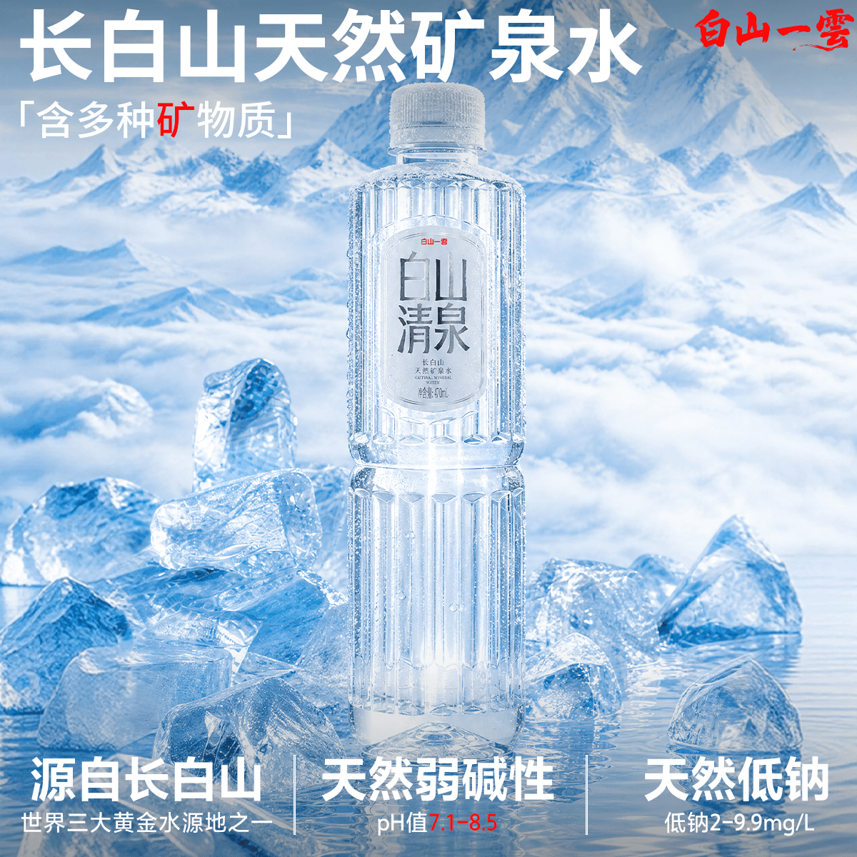 白山一云矿泉水天然弱碱低钠商务车载母婴适用饮用水瓶装水 470ml×12瓶(膜包) - 商品图1