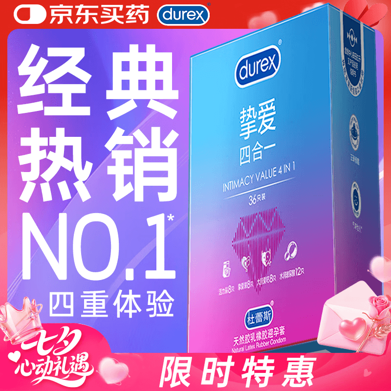 杜蕾斯(durex)玻尿酸避孕套安全套超薄 经典挚爱四合一36只 套套 七夕情侣用品 - 商品图1