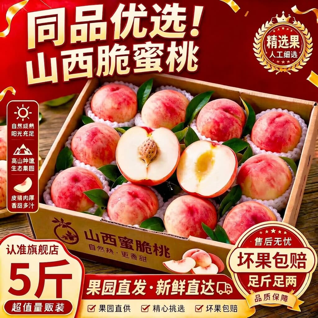京世泽 山西脆蜜桃毛桃脆甜新鲜桃子红不软当季孕妇生鲜水果 【店长力荐5斤装】单果138g+净重4.5斤 - 商品图1