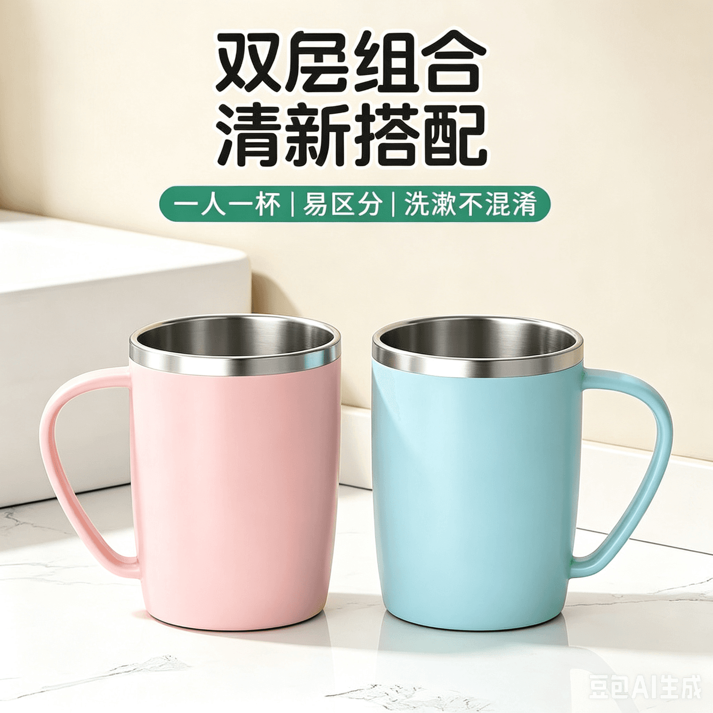 【食品级400ML】304不锈钢洗漱杯马克杯家用高颜值情侣水杯 【2个】粉+蓝,食品级材质更安心 - 商品图1