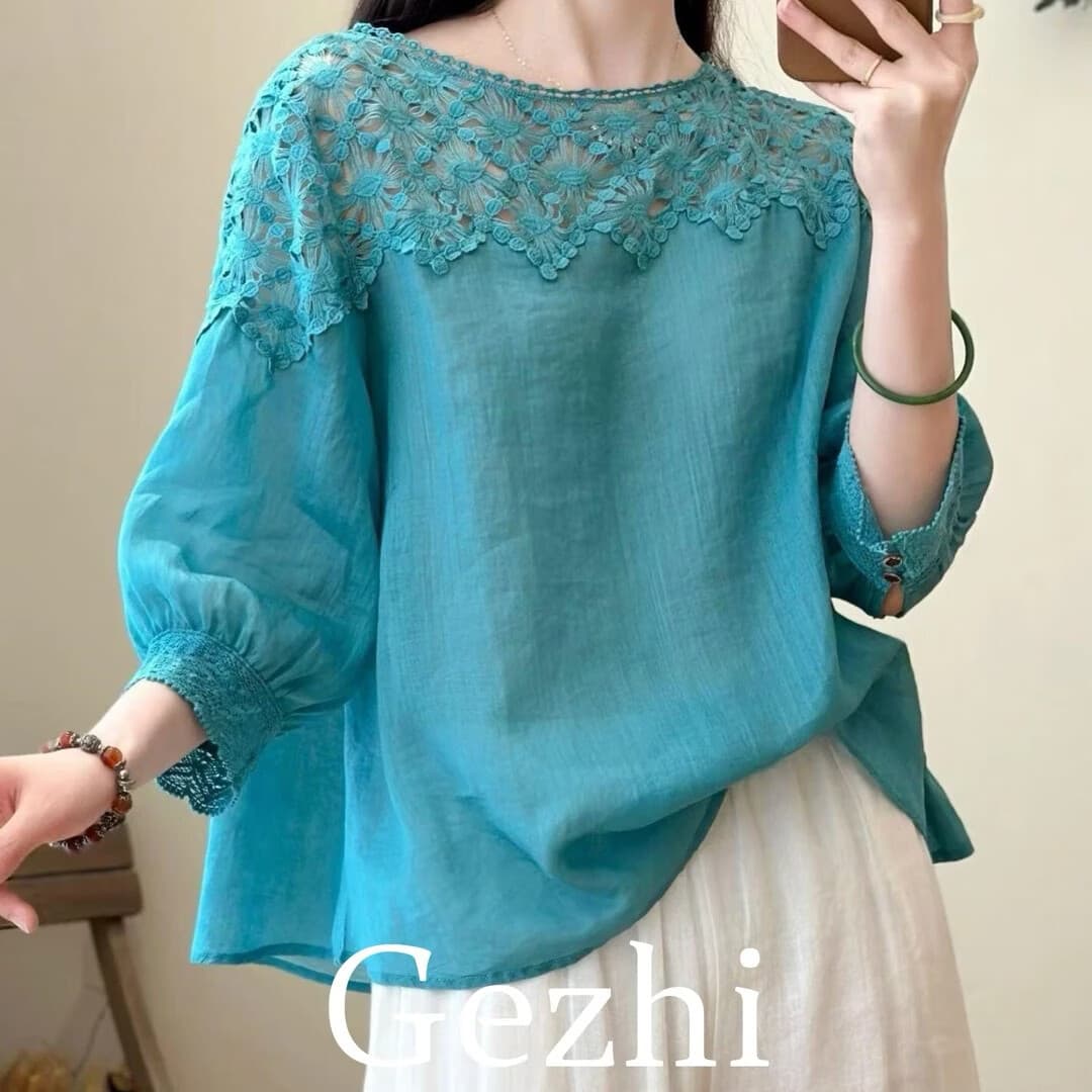 欧货高端大牌设计师款中古镂空花边小衫夏季绝美气质女士薄上衣潮 天蓝色 L 105-125斤 - 商品图1