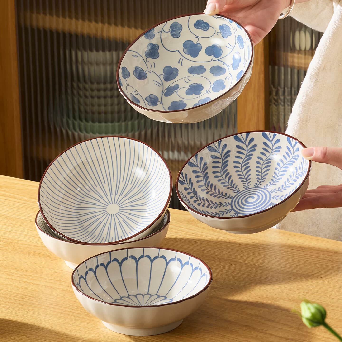 肆月新中式6.5英寸面碗家用陶瓷碗高颜值釉下彩汤碗 【混色】4只装 - 商品图1