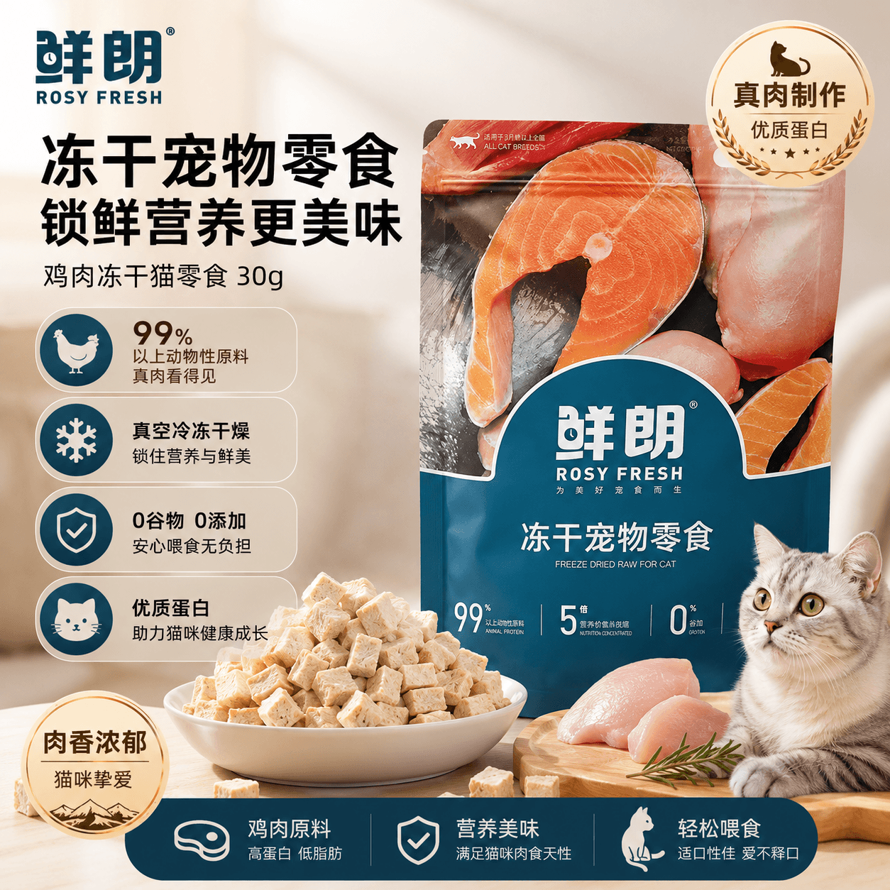 鲜朗冻干猫咪狗狗零食鸡肉鸭肉袋装幼猫成猫幼犬成犬犬猫通用 【鸡肉冻干】30g*2包 - 商品图1