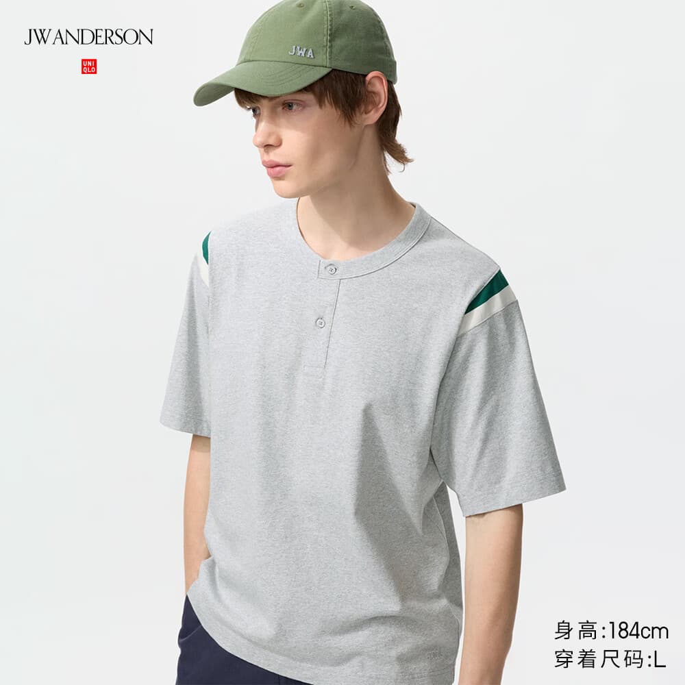 优衣库宽松亨利领T恤/短袖男装女装合作款485455 05 天灰色 L - 商品图1