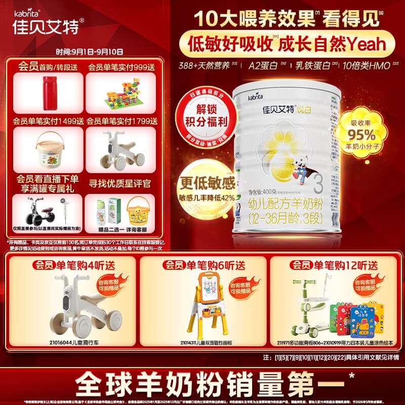 佳贝艾特(Kabrita)悦白婴幼儿配方羊奶粉 3段(1-3岁)400克 天然A2蛋白 低敏好吸收 - 商品图1