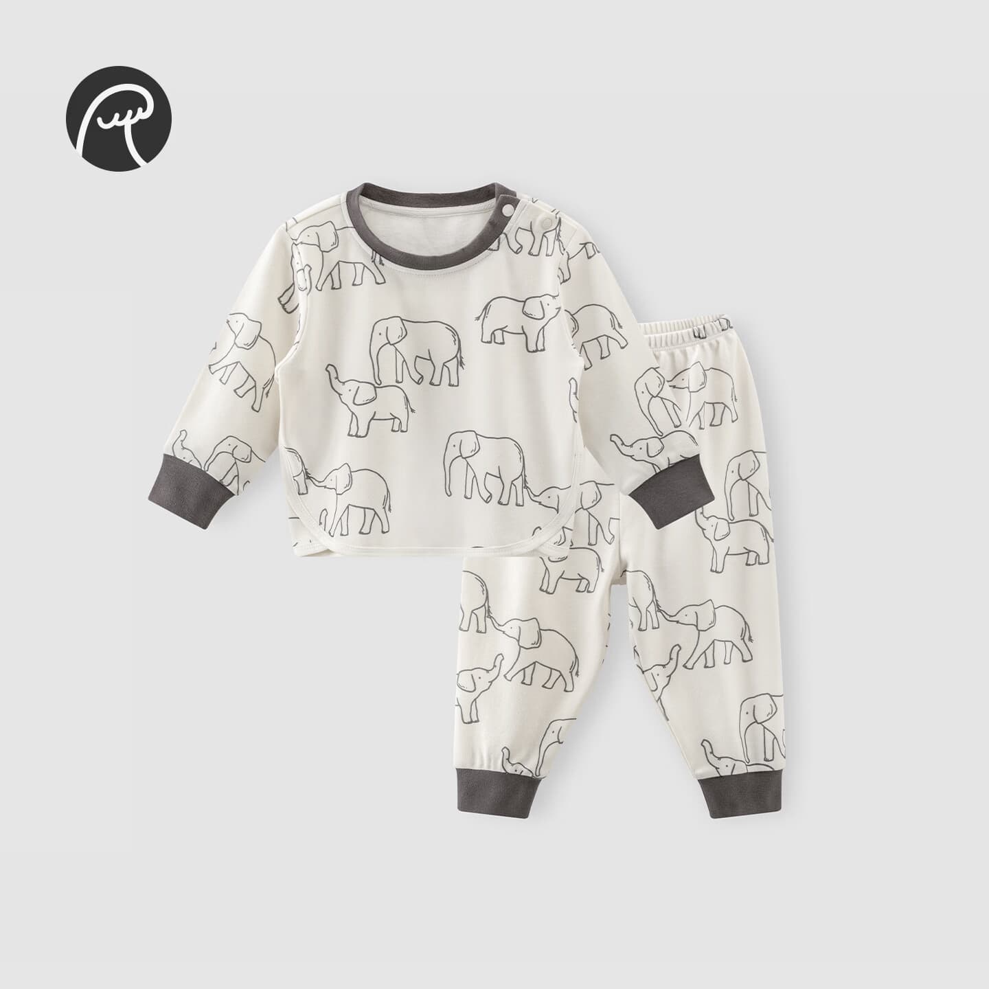 乖奇熊婴儿衣服分体长袖长裤儿童两件套装宝宝秋动机内衣秋衣秋裤T恤裤 GQVPC1296-奶白象群嬉游 100 - 商品图1