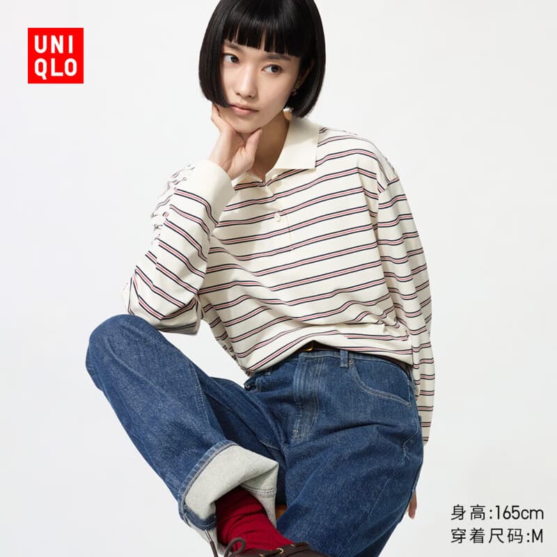 优衣库条纹POLO衫/长袖女装男装/T恤489060 01 乳白色 S - 商品图1
