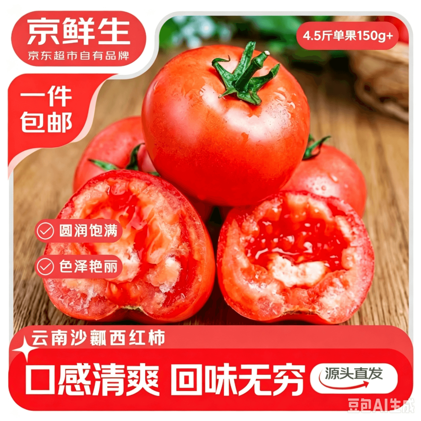 京鲜生云南红宝石沙瓤番茄净重4.5斤特大果150g+ 水果西红柿源头直发 - 商品图1