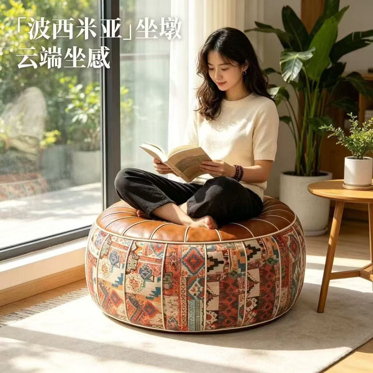 北欧波西米亚风皮墩收纳凳客厅居家衣服玩偶收纳袋收纳箱沙发坐rj 波西米亚风-深咖【不含填充物/自行填充旧衣物】 - 商品图1