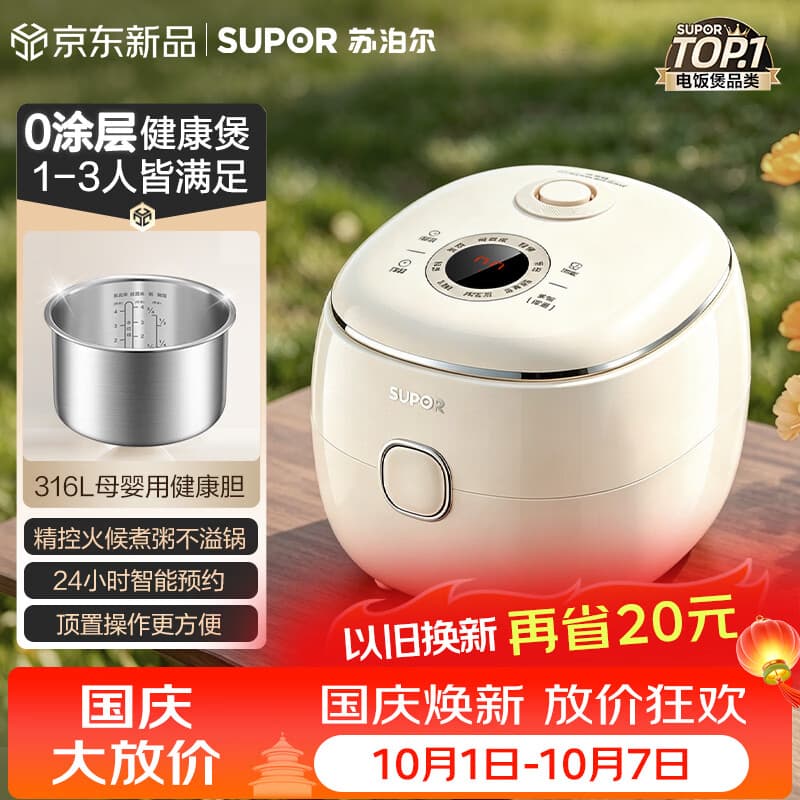 苏泊尔(SUPOR)2升大容量 家用迷你电饭煲1-2人 智能多功能电饭锅煮饭锅 0涂层不粘内胆 SF20YC0085S - 商品图1