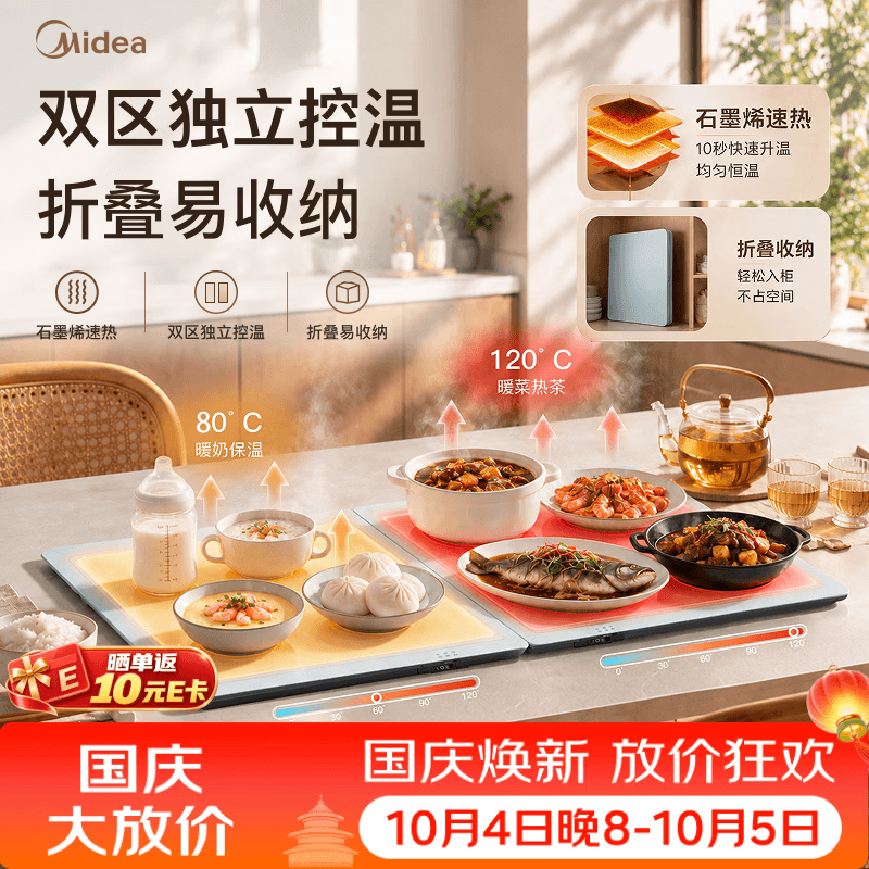 美的(Midea)暖菜板折叠新款石墨烯速热加热板保温板热牛奶神器多功能加热桌垫暖奶暖茶国庆送礼HBU6038FZ Pro - 商品图1