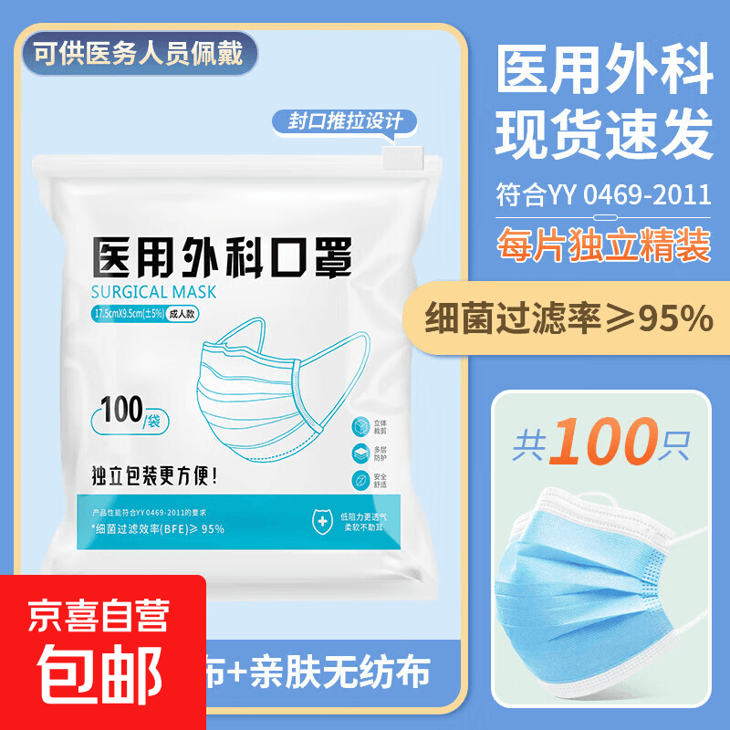 医用外科口罩一次性医疗正品单独立包装三层防护专用高颜值口罩 【蓝色】每片独立包装【100只】医用口罩 - 商品图1