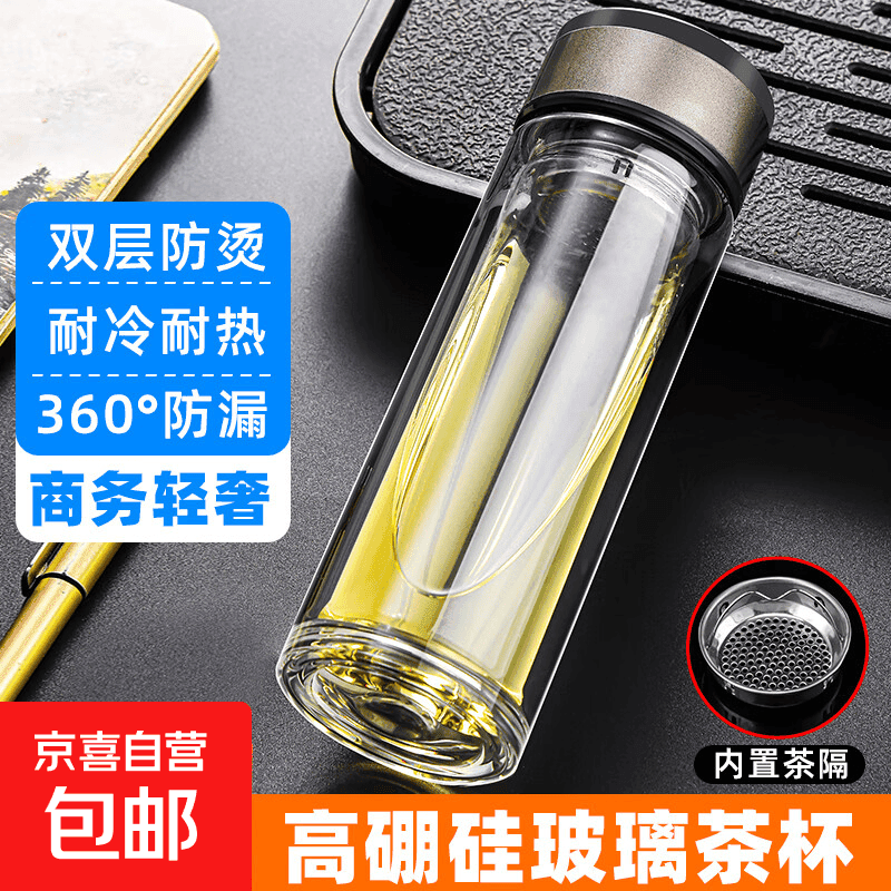 【京东物流配送】高硼硅双层玻璃杯大容量泡茶杯水杯子茶水分离杯 【双层加厚】茶杯350ml1只 - 商品图1