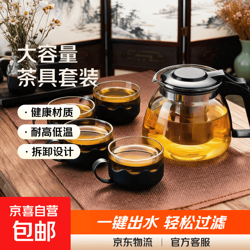 一壶四杯茶壶套装 大容量玻璃茶杯带滤网耐高温水壶茶具无底座 1000ML一壶+四杯套装【无茶盘】 - 商品图1