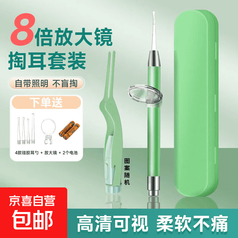 成人儿童可视发光挖耳勺8倍放大掏耳朵神器婴儿发光放大镜耳勺新生儿宝宝耳/鼻屎镊子采耳套装 发光耳勺套装+镊子 - 商品图1