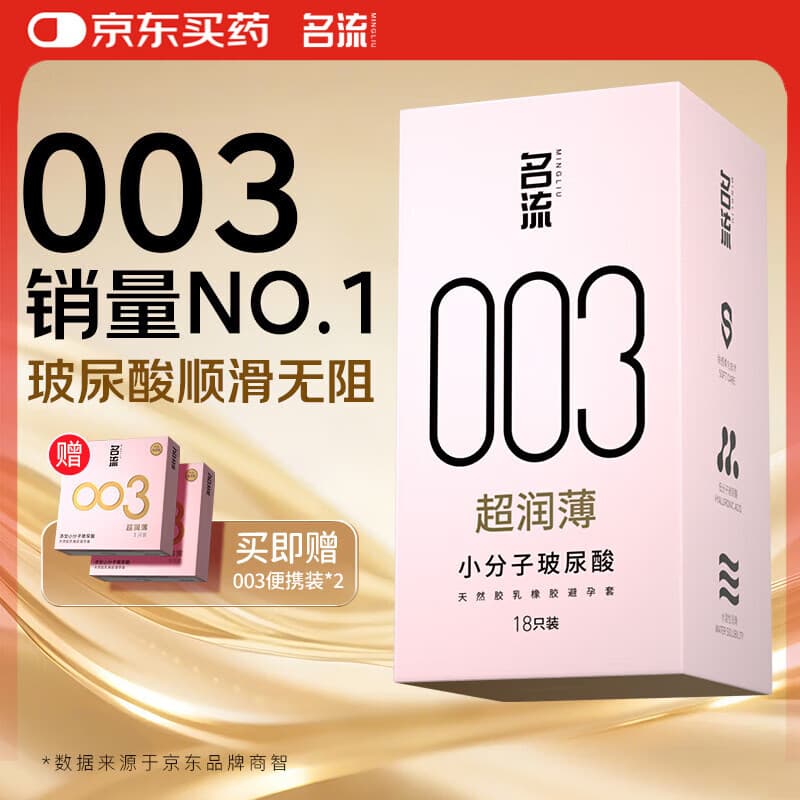 名流避孕套安全套套003玻尿酸润滑52mm光面超薄型隐形18只byt男女用 - 商品图1