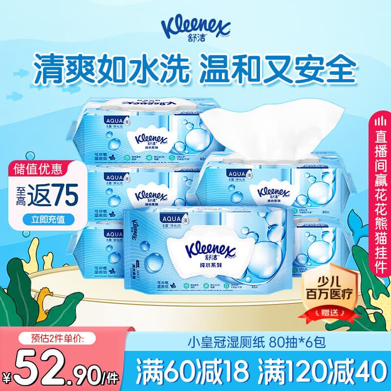 舒洁(Kleenex)湿厕纸家庭装80抽*6包(480抽)洁厕湿巾纯水湿纸巾 - 商品图1