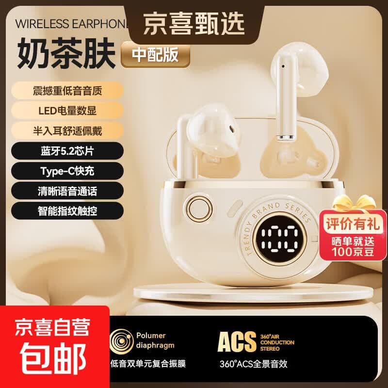 罗凡尼(Rofani) J08C 智能数显HIFI音质长续航运动跑步游戏低延迟通话降噪便携时尚学生情侣通用半入耳式蓝牙耳机 肤色顶配款-杜比音效-智能高清降噪-5.4双芯片 - 商品图1