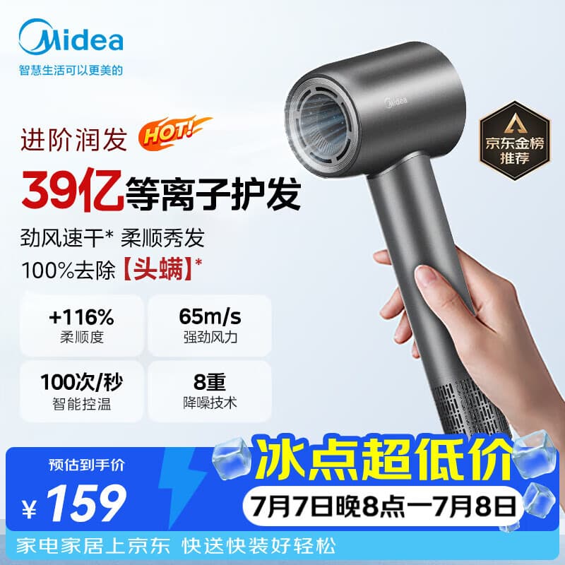 美的(Midea)高速护发吹风机 39亿等离子护发电吹风 大功率速干 家用负离子吹风筒FG208灰 节日礼物 - 商品图1