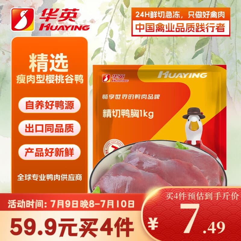华英(HUAYING)精切去皮鸭胸肉 2斤 冷冻鸭脯肉烧烤健身食材 - 商品图1