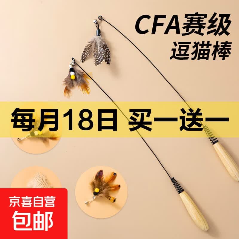 CFA赛级逗猫棒猫咪玩具长杆羽毛替换头耐抓咬猫玩具用品自嗨解闷 CFA赛级长杆逗猫棒-木杆弹簧款+替换头-1个 - 商品图1