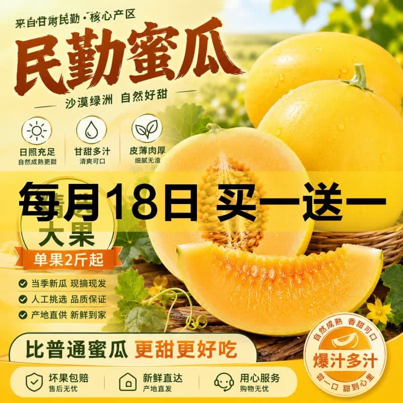 【当季限定】新鲜甘肃民勤沙漠蜜瓜黄河蜜当季限定时令水果 带箱4-5斤【2-3颗果】买赠合单发8-9斤【4-6颗果】 - 商品图1