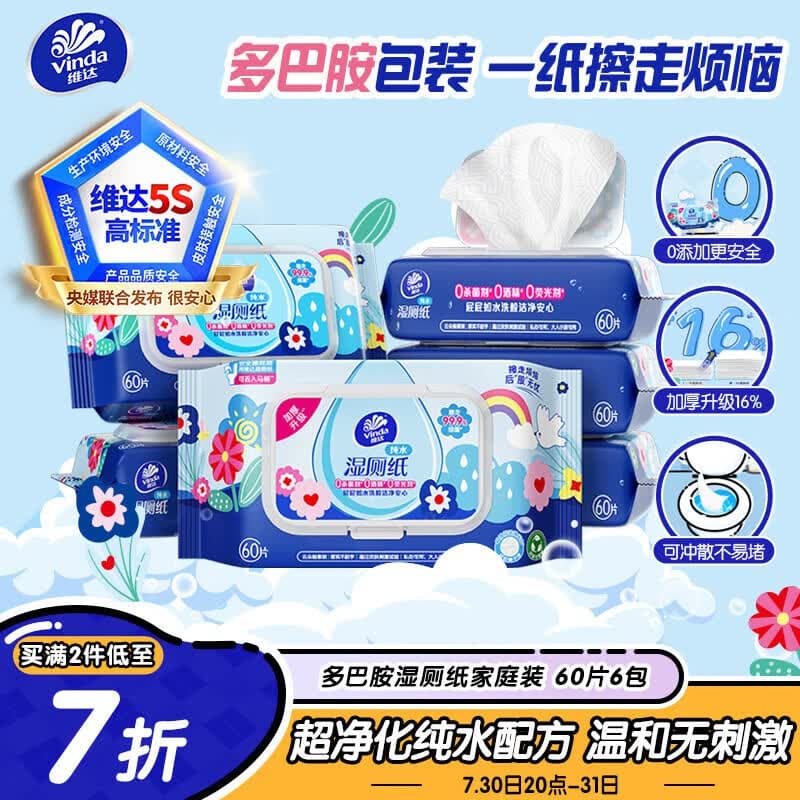 维达(Vinda)湿厕纸 家庭装60片*6包 多巴胺湿厕纸纯水湿纸巾厕纸湿巾新旧随机 - 商品图1