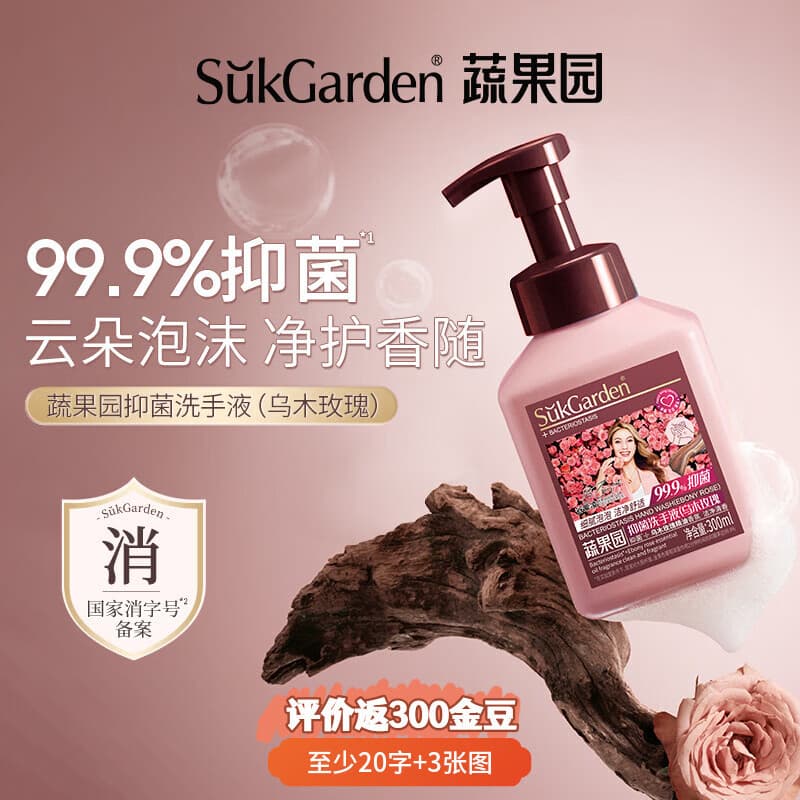 蔬果园谷爱凌代言除菌抑菌洗手液家用儿童洗手泡沫丰富滋润易冲洗 乌木玫瑰洗手液300ml*2 - 商品图1
