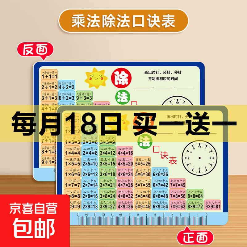 乘法口诀表卡片小学一二年级上册数学99九九除法背诵神器启蒙教具 乘法口诀表大卡 - 商品图1