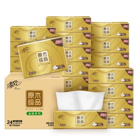 清风抽纸金装3层100抽24包纸巾面巾纸亲肤柔韧卫生纸///整箱//批发// 3层 100抽*24包 - 商品图1