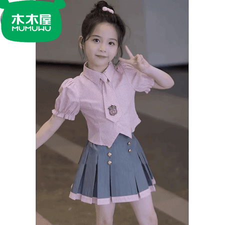 木木屋(mumuwu)女童夏季学院风套装儿童jk2025新款衬衫洋气时髦百褶裙两件套 学院风套装-粉色【领带】 140 - 商品图1