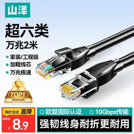 山泽超六类网线 2米 CAT6A类万兆成品网线家用电脑网络宽带工程跳线8芯双绞兼容千兆带双接头黑 D6A020 - 商品图1