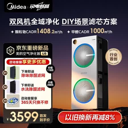 美的(Midea)【U8双风机】空气净化器除甲醛异味除过敏原除菌花粉鼻炎家用大空间净化机 DIY多场景滤网 - 商品图1