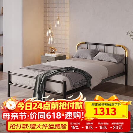 天坛家具铁艺床经典单双人钢木铁床现代环保简约小户型黑白色铁艺婚床 铁艺床(黑色)(不含床垫) 1.5*2.0m - 商品图1