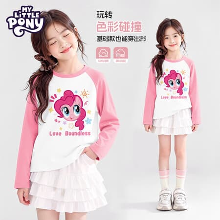 小马宝莉女童长袖新款秋季2026卡通动漫休闲洋气宽松上衣外穿打底衫中大童 U开心碧琪插肩粉色 【撞色插肩款】 140 - 商品图1