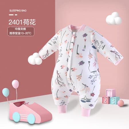 阳阳韩韩婴儿睡袋秋冬夹棉宝宝加厚防踢被新生儿连体多功能长袖拉链式睡衣 2401荷花【中厚款】 80码【推荐身高60cm-75cm】 - 商品图1