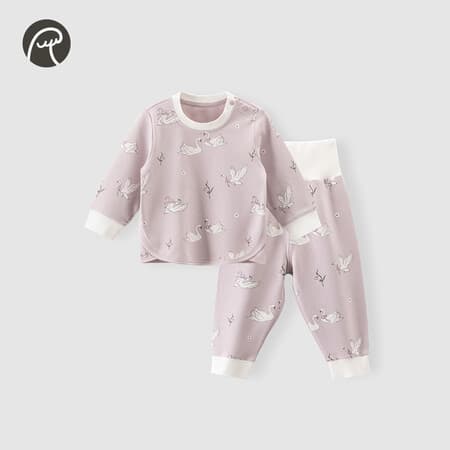 乖奇熊婴儿衣服分体长袖长裤儿童两件套装宝宝秋动机内衣秋衣秋裤T恤裤 GQVPC1267-云灰紫柔羽天鹅 90 - 商品图1