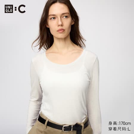 优衣库HEATTECH混纺U领T恤/长袖女装合作款/保暖内衣9%羊绒485828 30 浅米色 M - 商品图1