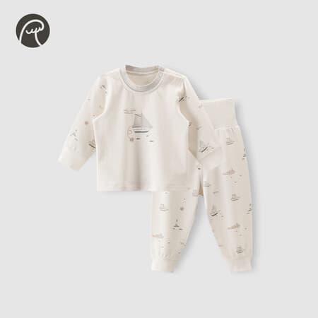 乖奇熊婴儿衣服分体长袖长裤儿童两件套装宝宝秋动机内衣秋衣秋裤T恤裤 GQVPC1274-奶白帆影逐波 100 - 商品图1