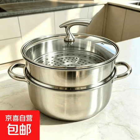 不锈钢飞鸟蒸锅汤锅通用煮粥双层家用电磁炉可用蒸包子火锅大容量 黑珠单层汤锅18cm【带可视盖】 - 商品图1